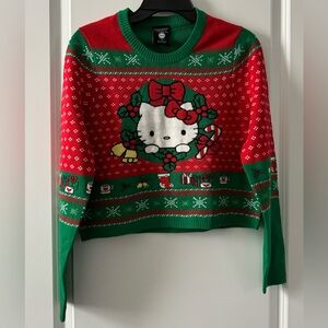 #1525 - Sanrio Hello Kitty Ugly Christmas Sweater Cropped Long Sleeve Red Green